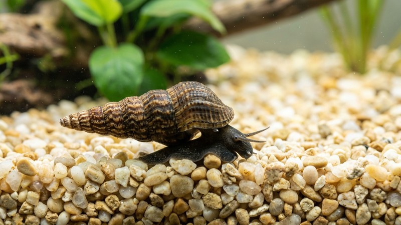 un caracol malayo trompeta de concha alargada sobre un fondo de grava clara y limpia en un acuario de agua cristalina