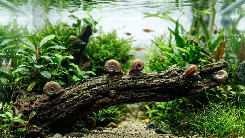 varios pequeños caracoles planorbis de concha en espiral plana sobre una madera en un acuario plantado de agua clara