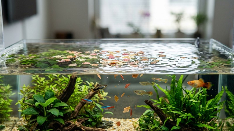unas escamas de comida para peces cayendo sobre la superficie del agua de un acuario limpio y cristalino