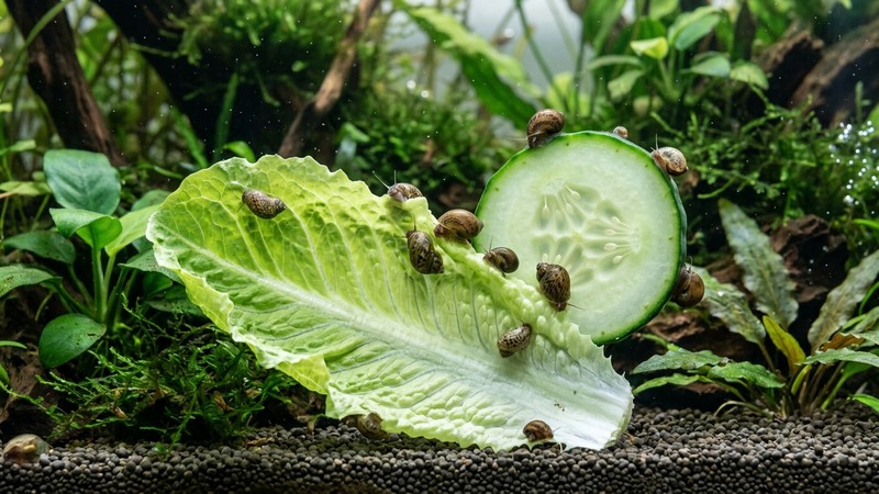 una hoja de lechuga y una rodaja de pepino en el fondo de un acuario con varios caracoles pequeños alimentándose encima, agua clara