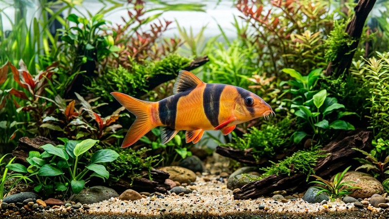 un pez botia payaso de rayas naranjas y negras nadando junto al fondo de un acuario plantado de agua cristalina