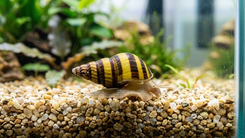 un caracol asesino Clea helena de concha cónica rayada en amarillo y marrón sobre grava clara en un acuario limpio