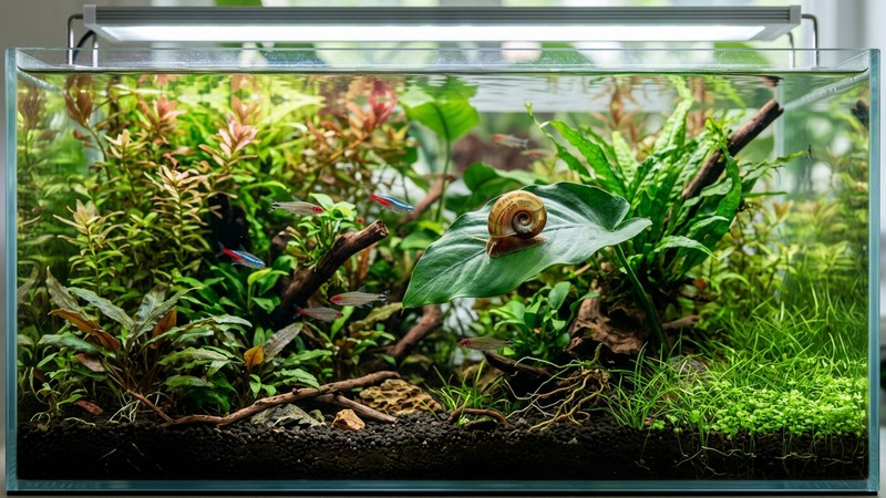 un acuario plantado equilibrado y saludable con agua muy cristalina, plantas verdes frondosas y algún caracol limpio sobre una hoja