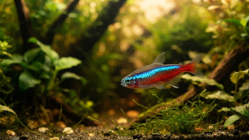 un solo tetra cardenal en primer plano en un acuario plantado, mostrando con nitidez su franja azul brillante y la línea roja continua de la cabeza a la cola, agua cristalina de tono cálido, plantas verdes desenfocadas al fondo