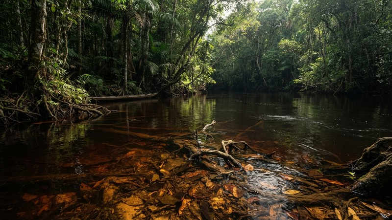 un tramo de río de aguas negras del Amazonas, agua de color té oscuro por los taninos, troncos sumergidos, hojas secas en el fondo y raíces, luz filtrada entre la vegetación de la orilla, ambiente selvático tranquilo