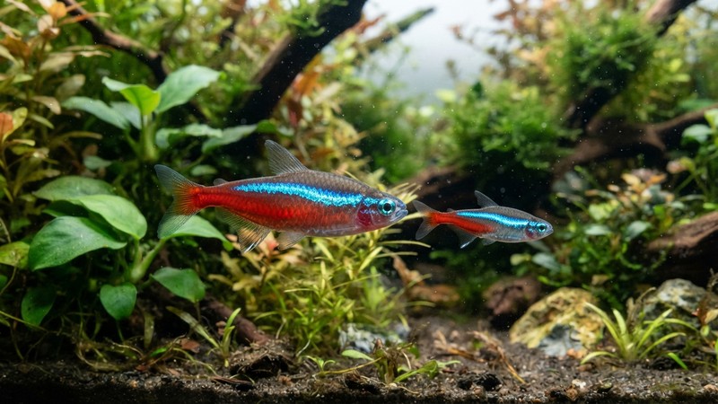 un tetra cardenal adulto de unos cinco centímetros en primer plano junto a un tetra neón más pequeño, mostrando la diferencia de tamaño y de longitud de la franja roja, acuario plantado de fondo, agua limpia