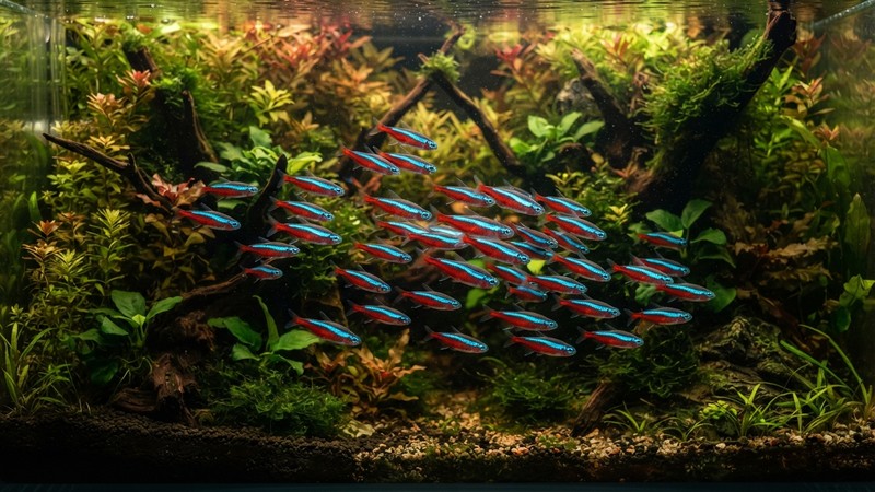 un gran cardumen de quince o más tetras cardenal moviéndose de forma coordinada a media agua en un acuario amplio y plantado, banco compacto y vistoso, fondo verde de plantas y madera, agua de tono cálido