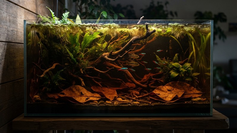un acuario plantado y sombreado bien montado, con plantas flotantes que tamizan la luz, troncos de madera, sustrato oscuro y unas hojas de almendro indio catappa apoyadas en el fondo tiñendo el agua de tono ambarino