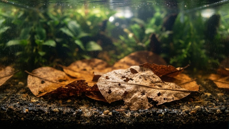 hojas secas de catappa almendro indio reposando en el fondo de grava oscura de un acuario, con el agua adquiriendo un suave color ámbar a su alrededor, plantas verdes desenfocadas al fondo