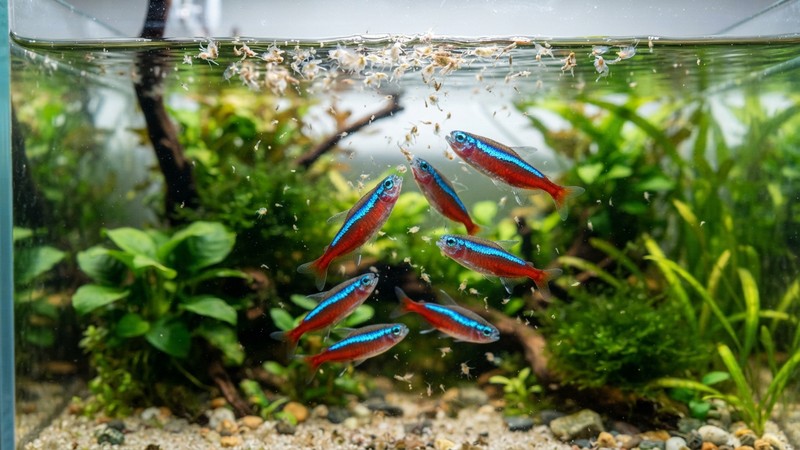 pequeñas presas de alimento para peces sobre la superficie del agua de un acuario, dafnia y larvas diminutas, con tetras cardenal acercándose desde abajo a media agua para alimentarse, colores vivos y realistas