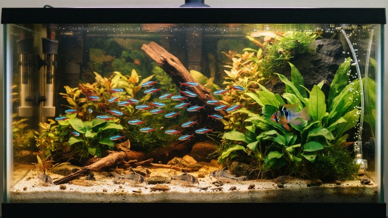 un acuario comunitario pacífico con tetras cardenal a media agua, corydoras explorando el fondo de arena y un cíclido enano ramirezi colorido entre las plantas, ambiente armónico, agua cristalina de tono cálido