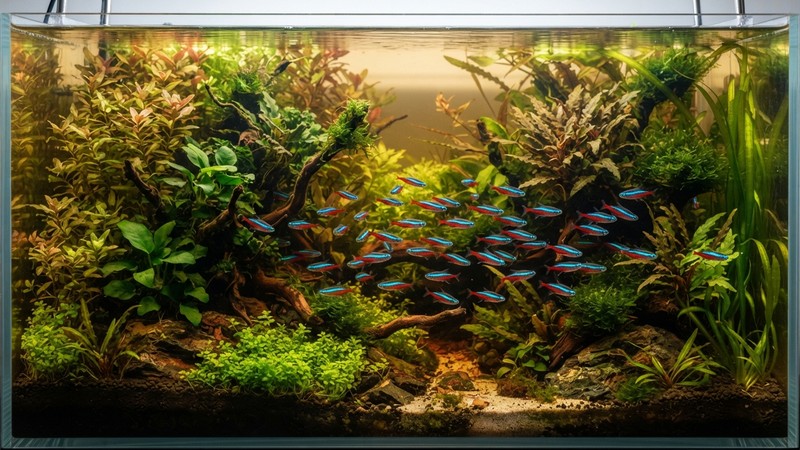 un acuario maduro y estable, densamente plantado, con un cardumen sano de tetras cardenal de colores plenos nadando tranquilos entre la vegetación, agua limpia y ligeramente ambarina, aspecto equilibrado y saludable