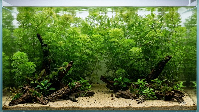 un acuario plantado con un frondoso grupo de cabomba verde de hojas plumosas y finamente divididas ocupando el fondo, agua cristalina y colores vivos realistas, sin peces en primer plano