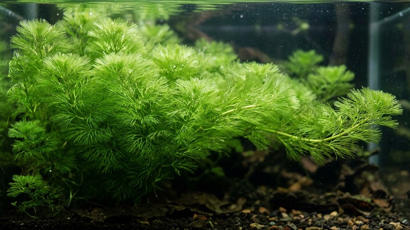 un macizo de cabomba verde meciéndose suavemente en aguas tranquilas de un acuario, textura vaporosa como plumas, fondo desenfocado de sustrato oscuro