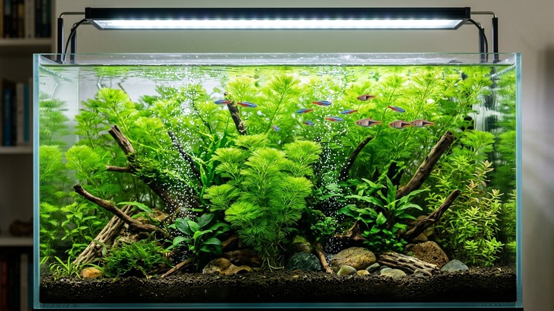 un acuario plantado muy iluminado con cabomba verde creciendo densa y sana bajo una lámpara led potente, agua transparente y burbujas finas