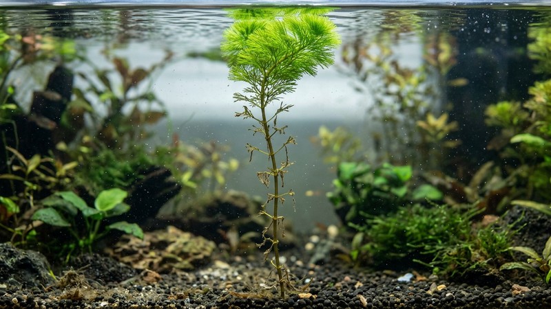 un tallo de cabomba con las hojas inferiores ralas y pelonas y el penacho verde solo arriba, mostrando el efecto de la falta de luz, sobre fondo de acuario