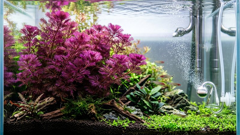 un grupo de cabomba roja furcata de intenso color rojo púrpura bajo el agua en un acuario de alta tecnología con difusor de co2 y burbujas finas