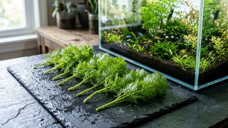 varios esquejes cortados de cabomba verde reposando sobre una superficie húmeda junto a un acuario cristalino, mostrando los tallos limpios listos para replantar, sin manos