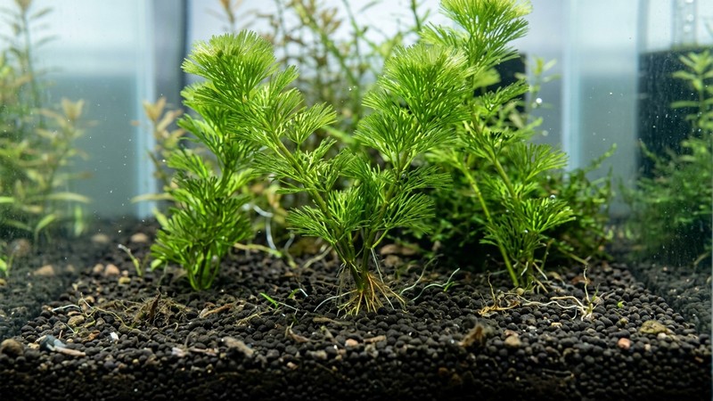 tallos de cabomba recién plantados clavados en un sustrato nutritivo oscuro en el fondo de un acuario, con las raíces asomando, agua limpia y clara