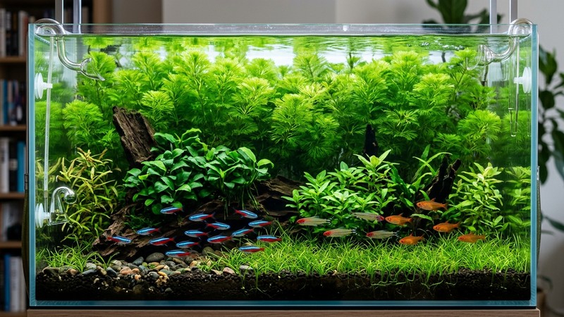 un acuario plantado sano y equilibrado con cabomba verde al fondo, agua transparente, plantas sin algas y peces pequeños de colores nadando al fondo