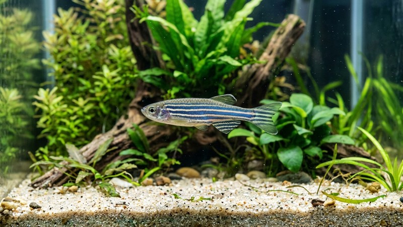un único danio cebra de perfil, cuerpo esbelto y alargado de unos cinco centímetros, nadando en un acuario plantado con arena clara al fondo