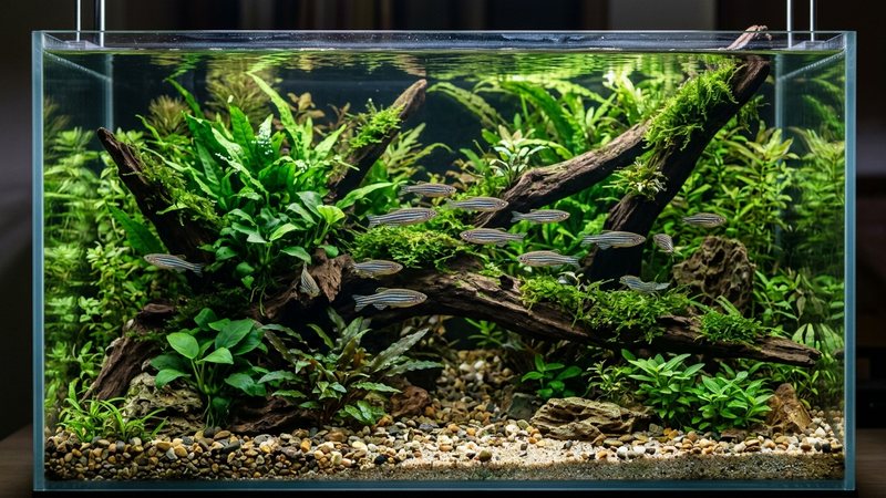 un acuario plantado sano y equilibrado de agua totalmente cristalina, con varios danios cebra activos entre plantas verdes y madera natural
