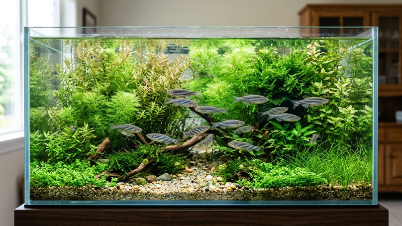 un acuario de agua fresca bien plantado y luminoso, ambiente templado, con danios cebra nadando enérgicos entre plantas de hoja fina