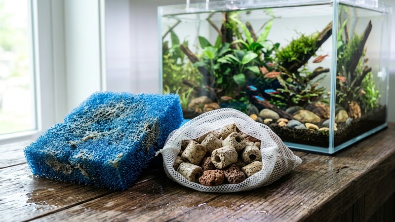una esponja de filtro biológico y material filtrante poroso en reposo junto a un acuario limpio de agua cristalina al fondo