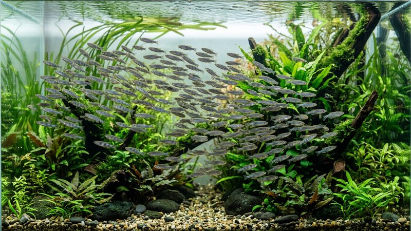 un gran cardumen numeroso de danios cebra nadando juntos y coordinados en un acuario plantado espacioso de agua cristalina