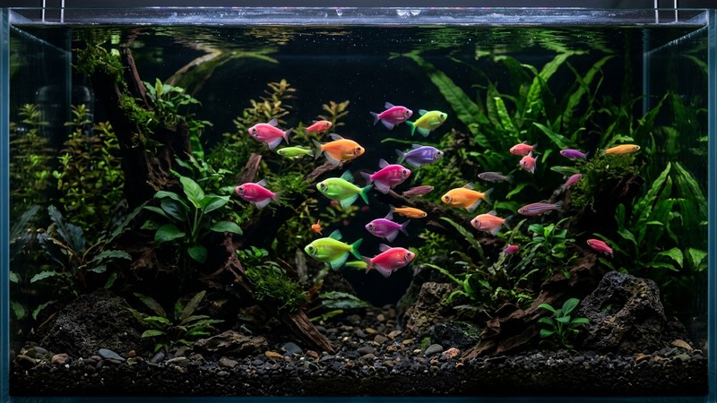 un grupo de danios GloFish fluorescentes de colores rosa, verde, naranja y morado intensos nadando en un acuario oscuro plantado de agua cristalina