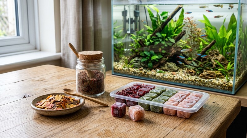 una variedad de alimentos para peces en reposo sobre una mesa de madera clara: hojuelas, micropellet y cubos de alimento congelado, junto a un acuario limpio al fondo