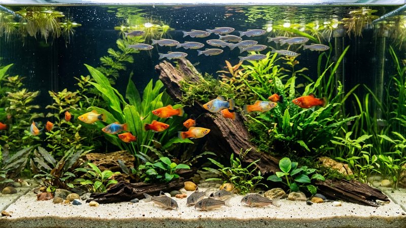 un acuario comunitario sano de agua cristalina con danios cebra en la parte alta, platys de colores en la zona media y corydoras en el fondo de arena clara entre plantas