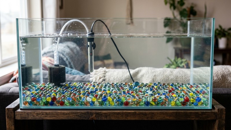 un acuario de cría desnudo con una capa de canicas de colores cubriendo el fondo y agua muy limpia, sin peces adultos, ambiente sencillo