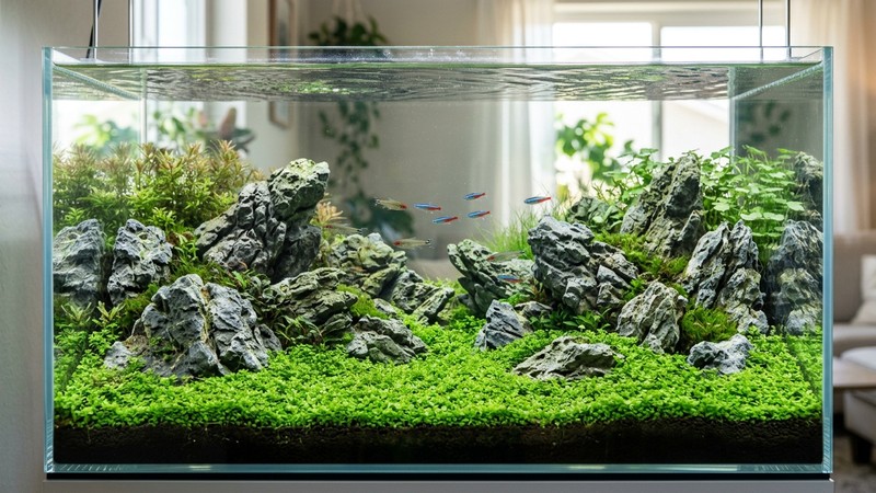 un aquascape estilo pradera con un tapiz verde uniforme en primer plano y rocas al fondo bajo agua muy clara