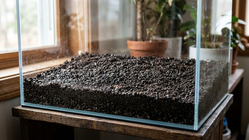 un sustrato nutritivo oscuro de grano fino recién colocado en un acuario vacío, con una capa gruesa lista para plantar