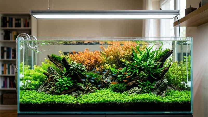 un acuario plantado bien iluminado con una potente pantalla led sobre una alfombra verde tupida de tapizantes y agua cristalina
