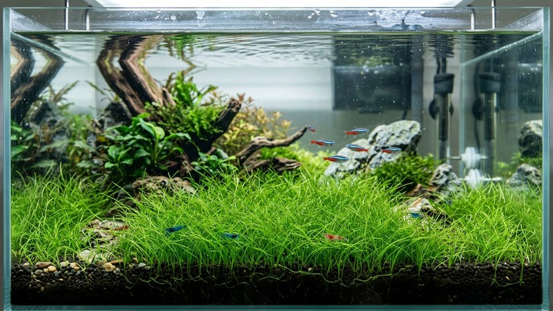 un pasto verde de hojas finas tipo Eleocharis formando un césped bajo el agua transparente de un acuario plantado