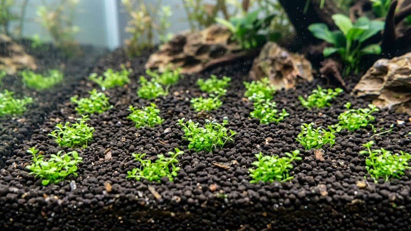 pequeñas porciones separadas de planta tapizante recién plantadas en el sustrato de un acuario, dejando ver el suelo entre las matitas