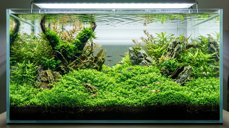 una pradera verde exuberante de plantas tapizantes ondulando bajo la luz en un acuario maduro de agua cristalina y aspecto sano