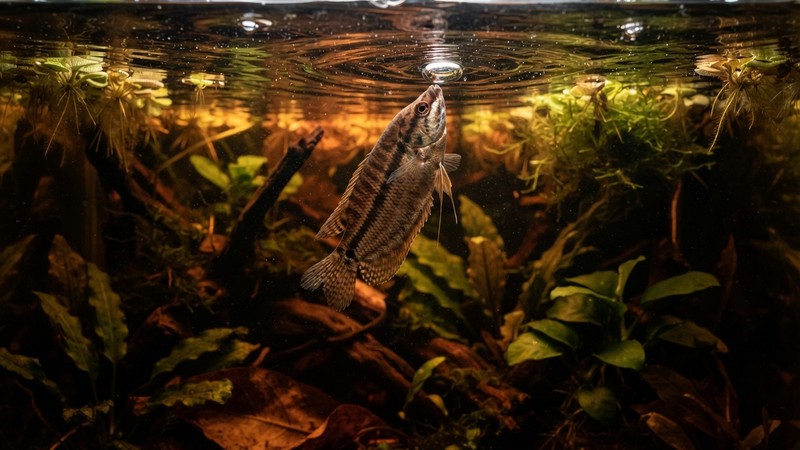 un gurami chocolate subiendo despacio a la superficie de un acuario de agua ambarina para tomar una bocanada de aire