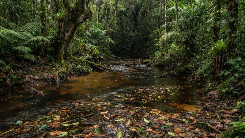 un arroyo lento de selva tropical muy densa con agua oscura teñida de color té y hojas caídas flotando
