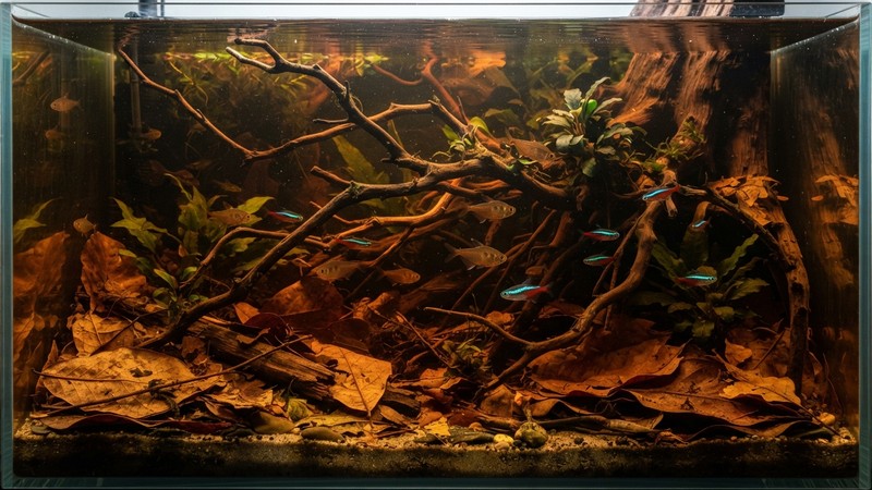 un acuario de aguas negras con agua ambarina translúcida, madera de mangrove y muchas hojas secas cubriendo el fondo de arena