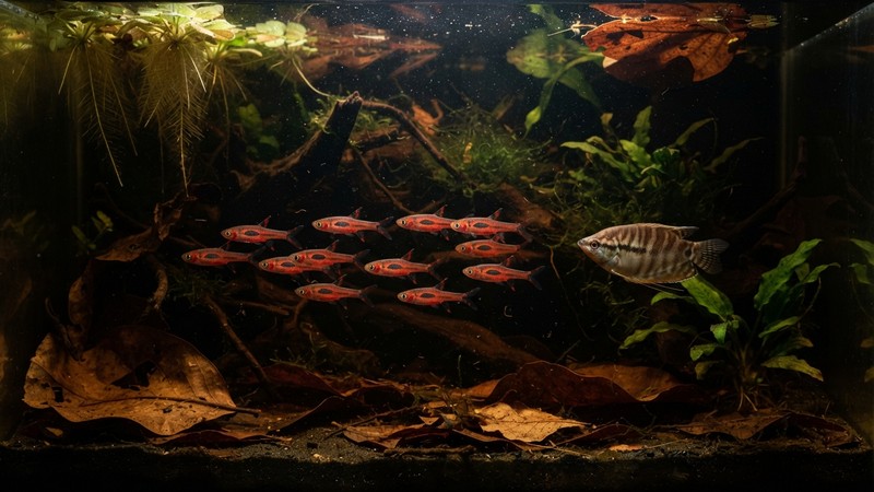un pequeño cardumen de peces boraras rojos nadando tranquilos junto a un gurami chocolate en un acuario de aguas negras