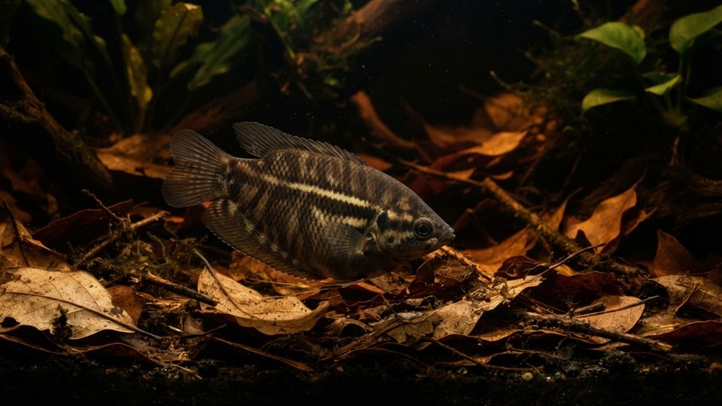 una hembra de gurami chocolate de vientre robusto en primer plano dentro de un acuario oscuro con hojarasca