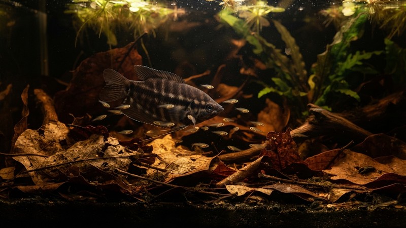 diminutos alevines de gurami chocolate nadando cerca de una hembra adulta entre hojas secas en un acuario de cría de agua ambarina