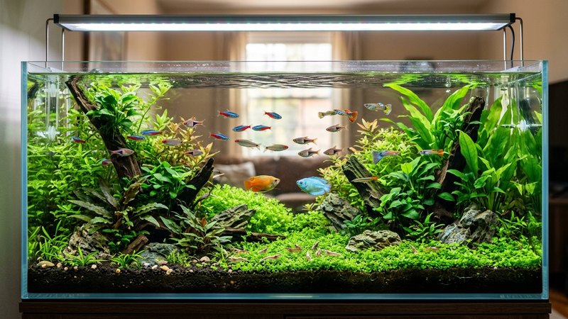 un acuario de agua dulce plantado, sano y con agua cristalina, con peces de colores nadando tranquilos y plantas verdes frondosas, vista frontal completa