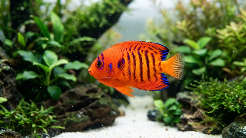 un primer plano de un pez tropical sano y vigoroso nadando en el agua limpia y cristalina de un acuario