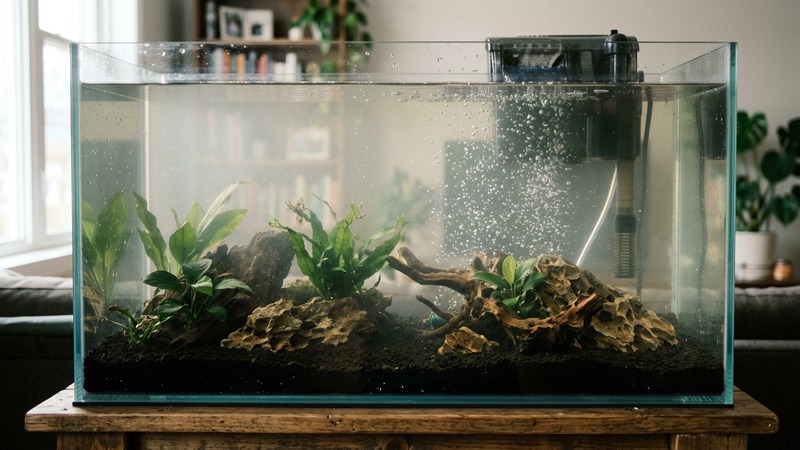 un acuario recién montado con el agua ligeramente turbia y un filtro trabajando al fondo entre pequeñas burbujas