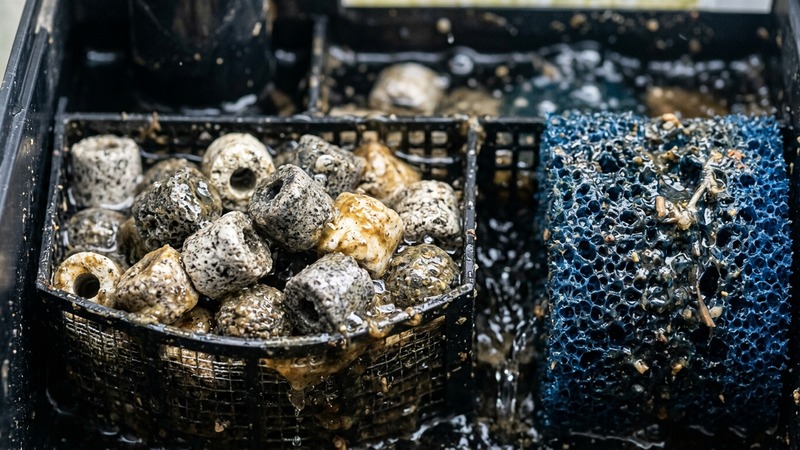 un primer plano del interior de un filtro de acuario con material biológico poroso y esponjas húmedas