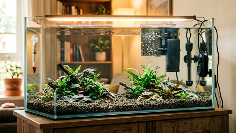un acuario nuevo con un termómetro y el equipo ya instalado, agua clara y una luz cálida sobre la superficie
